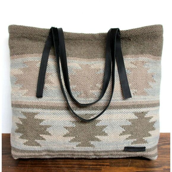 XL MURKA BLACK GENUINE LEATHER NATIVE WOOL RUG TAPESTRY BOHO SHOULDER BAG TOTE - Picture 2 of 7